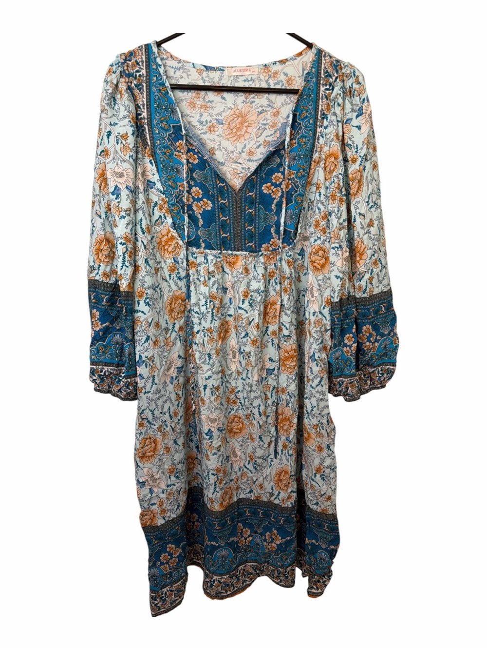Bluetime Boho Floral Peasant Dress in Teal and Cream